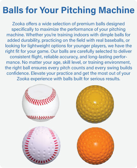 Zooka pitching machine balls with text about product selection and features.