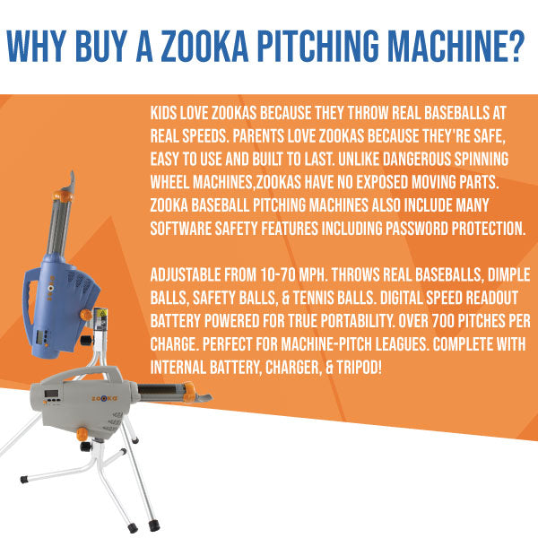WHY BUY A ZOOKA PITCHING MACHINE? - Kids love Zookas because they throw real baseballs at real speeds. Parents love Zookas because they're safe, easy to use and built to last. Unlike dangerous spinning wheel machines, Zookas have no exposed moving parts. Zooka baseball pitching machines also include many software safety features including password protection.

Adjustable from 10-70 mph. Throws Real Baseballs, Dimple Balls, Safety Balls, & Tennis Balls. Digital Speed Readout Battery Powered For True Portabil