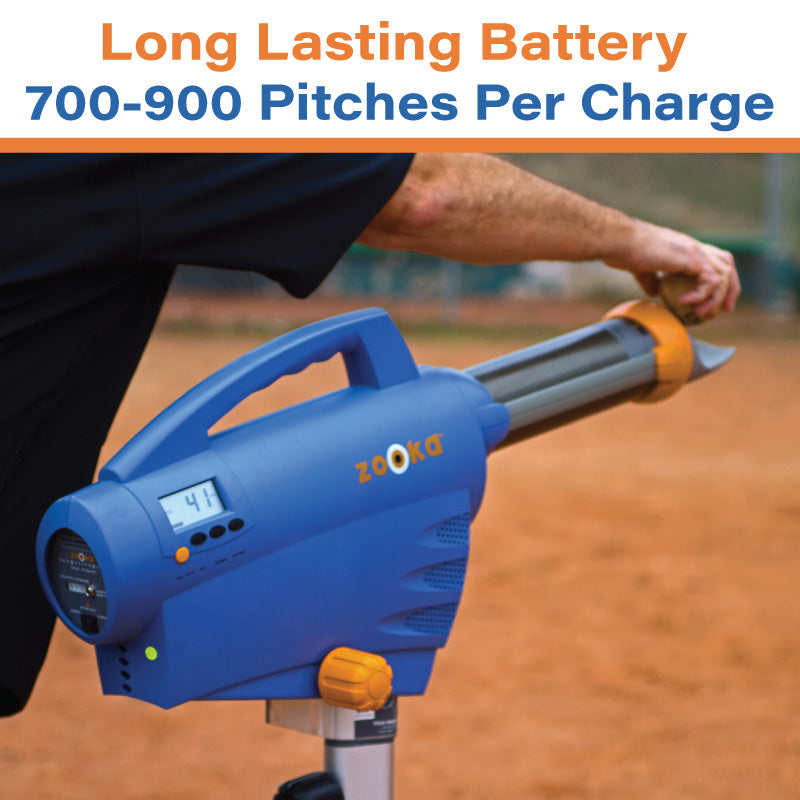 Zooka pitching machine with digital display on a baseball field, highlighting 'Long Lasting Battery' feature.